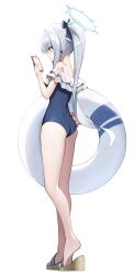 Rule 34 | 1girl, absurdres, ass, bare shoulders, blue archive, blue halo, blue ribbon, cellphone, feet, from behind, full body, grey hair, hair ribbon, halo, highres, holding, holding phone, hutosutoro, long hair, miyako (blue archive), miyako (swimsuit) (blue archive), one-piece swimsuit, phone, pointy ears, purple eyes, ribbon, sandals, simple background, solo, standing, swimsuit, white background