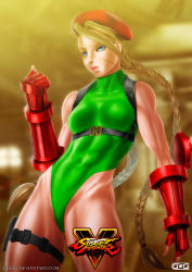 Rule 34 | 1girl, absurdres, antenna hair, beret, blonde hair, blue eyes, braid, breasts, cammy white, capcom, clenched hand, copyright name, cowboy shot, fingerless gloves, ggg (gonzalogallianoniz), gloves, harness, hat, highleg, highleg leotard, highres, holster, leotard, lips, long hair, muscular, nose, scar, solo, street fighter, street fighter v, thigh holster, thong leotard, twin braids, watermark, web address