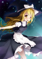 Rule 34 | 1girl, apron, armais (me-chan337), blonde hair, blush, frilled skirt, frills, gradient background, hat, highres, kirisame marisa, long hair, looking at viewer, night, open mouth, outstretched arms, short sleeves, skirt, skirt set, sky, solo, star (sky), starry sky, touhou, waist apron, witch hat, yellow eyes