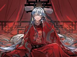 Rule 34 | 1girl, arknights, blue eyes, blue hair, blush, braid, chinese clothes, curtains, earrings, grin, hanfu, highres, jewelry, ling (arknights), long hair, long sleeves, looking at viewer, on bed, pointy ears, red curtains, red robe, robe, sitting, smile, solo, tassel, tassel earrings, very long hair, wide sleeves, xiaoxingjuchisha