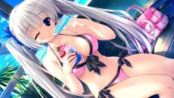Rule 34 | 1girl, aina ashwin, bag, bare shoulders, beach, bikini, blue eyes, blush, breasts, closed mouth, collarbone, female focus, food, game cg, ice cream, long hair, navel, one eye closed, palm tree, prism recollection!, shintarou, sitting, smile, solo, spoon, swimsuit, tree, twintails, white hair, wink