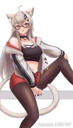 Rule 34 | 1girl, absurdres, animal ears, artist request, bell, glasses, highres, jacket, looking at viewer, pantyhose, red eyes, saruei (vtuber), scar, scar on face, silver hair, tail, virtual youtuber