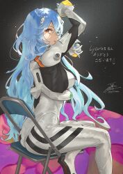 Rule 34 | 1girl, arms up, ass, ayanami rei, blue hair, bodysuit, breasts, chair, evangelion: 3.0+1.0 thrice upon a time, expressionless, fadingz, hair between eyes, highres, interface headset, long hair, looking at viewer, medium breasts, neon genesis evangelion, official alternate hairstyle, parted lips, pilot suit, plugsuit, rebuild of evangelion, red eyes, sitting, solo, thighs, very long hair, wavy hair, white bodysuit