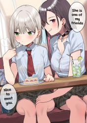 Rule 34 | 2girls, blush, breasts, button gap, cake, choker, cleavage, collared shirt, cup, diner, drink, drinking glass, drinking straw, ear piercing, eating, english text, food, fork, hand on another&#039;s thigh, highres, holding, holding fork, looking to the side, mole, mole under eye, motto notto, multiple girls, necktie, original, piercing, plaid, plaid skirt, red necktie, school uniform, shirt, short sleeves, sitting, skirt, speech bubble, table, thighs, under table, yuri
