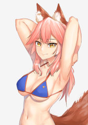 Rule 34 | 1girl, animal ear fluff, animal ears, armpits, arms up, bikini, blue bikini, breasts, cleavage, collarbone, commentary, commentary request, fate/grand order, fate (series), fox ears, fox girl, fox tail, grey background, hank10111213, large breasts, long hair, looking at viewer, navel, pink hair, side-tie bikini bottom, simple background, solo, swimsuit, tail, tamamo (fate), tamamo no mae (fate/extra), tamamo no mae (swimsuit lancer) (fate), yellow eyes