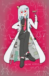 1girl blue_hair borrowed_character bug butterfly commentary_request crossed_legs full_body grasshopper highres insect lab_coat long_hair looking_at_viewer nicoq_(koikoihaihai) original pink_background red_eyes scientist solo