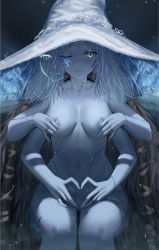 Rule 34 | 1girl, alternate breast size, blue eyes, blue skin, breasts, cloak, colored skin, covering privates, covering breasts, cracked skin, elden ring, extra arms, extra faces, fur cloak, hat, heart, heart hands, highres, jewelry, large hat, looking at viewer, nude, one eye closed, ranni the witch, ring, sitting, small breasts, smile, solo, witch hat, yizhirenben