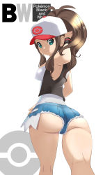 Rule 34 | 1girl, absurdres, arm behind head, armband, ass, baseball cap, breasts, brown hair, coat, copyright name, creatures (company), from behind, from below, game freak, green eyes, hat, highres, hilda (pokemon), kneepits, long hair, makoto daikichi, md5 mismatch, nintendo, pokemon, pokemon bw, ponytail, resolution mismatch, shorts, simple background, smile, solo, source smaller, thick thighs, thighs, white background