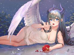 Rule 34 | 1girl, aesice, angel wings, black hair, blue eyes, breasts, cleavage, demon horns, dress, eating, feathers, food, fruit, highres, horns, long hair, looking at viewer, lying, medium breasts, on side, original, pomegranate, see-through, see-through dress, shallow water, short dress, sky, star (sky), starry sky, thighhighs, water, white dress, white feathers, wings