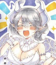 Rule 34 | 1girl, blush, breasts, cleavage, closed eyes, demon girl, demon wings, detached collar, dress, duel monster, fang, gloves, grey hair, ichinose haruka, large breasts, laughing, lovely labrynth of the silver castle, marker (medium), ojou-sama pose, pointy ears, solo, traditional media, twintails, white dress, wings, yu-gi-oh!