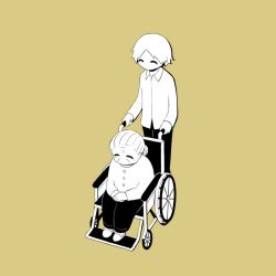 Rule 34 | 1boy, 1girl, avogado6, long sleeves, mother and son, old, old woman, original, pants, shirt, simple background, slippers, smile, wheelchair, yellow background