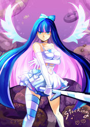 Rule 34 | 10s, 1girl, blue eyes, blue hair, blue thighhighs, character name, colored inner hair, el (mushboom), gloves, holding, holding sword, holding weapon, long hair, matching hair/eyes, multicolored hair, panty &amp; stocking with garterbelt, pink hair, solo, stocking (psg), striped clothes, striped thighhighs, stripes i &amp; ii, sword, thighhighs, very long hair, weapon, wings