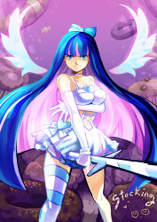 10s 1girl blue_eyes blue_hair blue_thighhighs character_name colored_inner_hair el_(mushboom) female_focus gloves holding holding_sword holding_weapon long_hair matching_hair/eyes multicolored_hair panty_&amp;_stocking_with_garterbelt pink_hair solo stocking_(psg) striped_clothes striped_thighhighs stripes_i_&amp;_ii sword thighhighs very_long_hair weapon wings