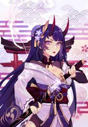 Rule 34 | 1girl, breasts, bridal gauntlets, cleavage, closed mouth, commentary, egasumi, electricity, english commentary, eyeliner, floral background, flower, genshin impact, hair ornament, holding, holding sheath, holding sword, holding weapon, horns, japanese clothes, kimono, kirsty (kirue t), lips, long hair, long sleeves, looking at viewer, makeup, medium breasts, mitsudomoe (shape), mole, mole under eye, nail polish, oni horns, purple eyes, purple flower, purple hair, raiden shogun, ribbon, sash, seigaiha, sheath, slit pupils, solo, sword, tassel, tomoe (symbol), torii, unsheathing, vision (genshin impact), weapon, wide sleeves