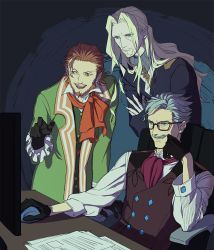Rule 34 | 3boys, arm support, ascot, beard, black-framed eyewear, black gloves, blonde hair, blue eyes, brown eyes, brown hair, coat, crossed arms, earrings, facial hair, fate/grand order, fate (series), frilled sleeves, frills, glasses, gloves, green coat, grey hair, grin, hand on own cheek, hand on own face, james moriarty (archer) (fate), jewelry, leaning forward, long hair, long sleeves, male focus, military, military uniform, monitor, mouse (computer), multiple boys, mustache, open clothes, open coat, paper, parted lips, pointing, purple ascot, shirt, sitting, smile, standing, syci colo, table, teeth, uniform, vest, vlad iii (fate/apocrypha), wavy hair, white shirt, william shakespeare (fate)