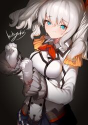 Rule 34 | 1girl, black gloves, blue eyes, gloves, grey hair, highres, jacket, kantai collection, kashima (kancolle), nichigeckoh, solo, tears, twintails, upper body, white gloves, white jacket
