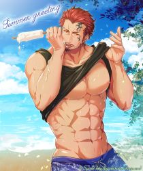 Rule 34 | 1boy, abs, artist request, bara, beach, biceps, blue male swimwear, blue swim trunks, clothes lift, cloud, cloudy sky, ear piercing, eye piercing, facial hair, facial tattoo, food, hige kariudoshachi, ice cream, large pectorals, licking, licking hand, looking at viewer, male focus, male swimwear, manly, mature male, muscular, muscular male, navel, nipples, ocean, open mouth, original, outdoors, pectorals, piercing, popsicle, red hair, shirt lift, sky, solo, spiked hair, stubble, swim trunks, swimsuit, tank top, tattoo, tongue, tongue out, tongue piercing, tree, yellow eyes