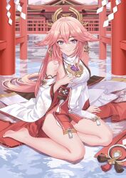 Rule 34 | 1girl, animal ears, architecture, bare shoulders, barefoot, blush, breasts, closed mouth, detached sleeves, earrings, east asian architecture, feng shao kky (arj0522), floppy ears, floral print, fox ears, genshin impact, highres, japanese clothes, jewelry, long hair, looking at viewer, medium breasts, nontraditional miko, pink hair, purple eyes, reflective floor, shide, shrine, sideboob, sitting, smile, solo, thighs, tomoe (symbol), torii, very long hair, wide sleeves, yae miko, yokozuwari