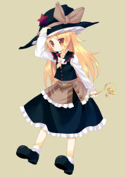 Rule 34 | 1girl, blonde hair, braid, buttons, dress, female focus, full body, hair ribbon, hat, kirisame marisa, long hair, meito (maze), ribbon, shoes, simple background, smile, socks, solo, star (symbol), touhou, wand, witch, witch hat