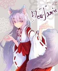 Rule 34 | 1girl, absurdres, animal ears, commission, highres, japanese clothes, kaneko mimi, long hair, miko, purple eyes, purple hair, skeb commission, smile, tail, thick eyebrows, wolf ears, wolf girl, wolf tail