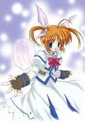 Rule 34 | 00s, 1girl, ahoge, blue eyes, blush, bow, brown gloves, brown hair, dress, fingerless gloves, gloves, hair bow, juliet sleeves, light particles, long sleeves, looking at viewer, lyrical nanoha, mahou shoujo lyrical nanoha, mahou shoujo lyrical nanoha a&#039;s, outstretched hand, puffy sleeves, red bow, short hair, smile, solo, takamachi nanoha, takamachi nanoha (sacred mode), twintails, white bow, white dress