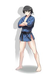 Rule 34 | 1girl, absurdres, alternate costume, amagami, bare legs, barefoot, black eyes, black hair, blush, bottomless, breasts, cleavage, commentary request, crossed arms, dougi, gyuunyuu pack (tanaka), highres, looking at viewer, medium breasts, ponytail, short hair, simple background, solo, standing, thighs, tsukahara hibiki