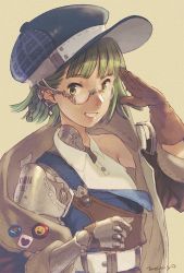 Rule 34 | 1girl, badge, button badge, cyborg, glasses, gloves, green eyes, green hair, grin, hat, looking at viewer, looking to the side, moryo, original, salute, short hair, signature, sketch, smile, solo