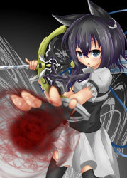 Rule 34 | 1girl, 1other, animal ears, black gloves, black hair, black thighhighs, blue eyes, blush, body armor, bright pupils, cat ears, cat girl, chest armor, commentary, dress, earrings, energy, energy ball, fantasy, feet out of frame, fingerless gloves, fran (tensei shitara ken deshita), gloves, gradient background, grey background, grey dress, hair between eyes, hands up, holding, holding sword, holding weapon, jewelry, kuu96, light blush, long hair, looking at viewer, magic, magic circle, outstretched arm, over shoulder, shishou (tensei shitara ken deshita), short sleeves, solo focus, standing, sword, sword over shoulder, tensei shitara ken deshita, thighhighs, thighs, weapon, weapon over shoulder, white pupils