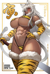 Rule 34 | 1girl, 2022, abs, ahoge, animal ear fluff, animal ears, animal print, bandeau, bare shoulders, bikini, blush, breasts, breath, cameltoe, chinese zodiac, cleavage, dark-skinned female, dark skin, elbow gloves, eyepatch, facial scar, fatzhai, female focus, fur-trimmed gloves, fur-trimmed legwear, fur choker, fur trim, ghislaine dedoldia, gloves, grey hair, hair between eyes, hand on own hip, happy new year, highleg, highleg bikini, highleg panties, highres, holding, holding sword, holding weapon, large breasts, long hair, looking at viewer, muscular, muscular female, mushoku tensei, navel, new year, open mouth, panties, print bikini, print thighhighs, pubic stubble, red eyes, scar, scar on cheek, scar on face, scar on stomach, solo, standing, swimsuit, sword, tail, tail ornament, tail ring, thighhighs, thighs, tiger print, toned, underboob, underwear, weapon, year of the tiger