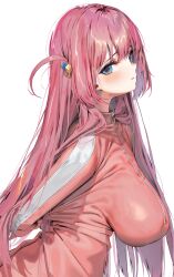 Rule 34 | 1girl, alternate breast size, aqua eyes, blush, bocchi the rock!, breasts, closed mouth, clothes pull, cube hair ornament, from side, gotoh hitori, hair ornament, highres, huge breasts, impossible clothes, jacket, jacket pull, long hair, long sleeves, looking at viewer, one side up, pink hair, pink jacket, poharo, pulling own clothes, simple background, sleeves past wrists, solo, track jacket, white background