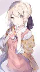 Rule 34 | 1girl, artoria pendragon (all), artoria pendragon (fate), blonde hair, blush, braid, breasts, collared shirt, contemporary, cup, dress shirt, fate (series), french braid, hair ribbon, highres, long hair, long sleeves, looking at viewer, open mouth, pink vest, ribbon, saber alter, sai (saipoko), shirt, small breasts, solo, sweater vest, vest, white shirt, yellow eyes
