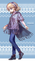 Rule 34 | 1girl, ainy, alice margatroid, alternate costume, bad id, bad pixiv id, black footwear, blonde hair, blue background, blue eyes, blue ribbon, casual, character name, collared shirt, contemporary, cross-laced footwear, denim, fringe trim, from side, full body, hair ribbon, hairband, highres, jeans, long sleeves, looking at viewer, pants, poncho, ribbon, shirt, shoelaces, shoes, short hair, smile, solo, touhou, white shirt