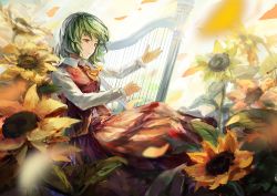 Rule 34 | 1girl, ascot, blurry, depth of field, dress shirt, expressionless, faux traditional media, flower, green hair, harp, instrument, kazami yuuka, long sleeves, md5 mismatch, playing instrument, red eyes, revision, shirt, short hair, shuang ye, solo, sunflower, touhou, vest