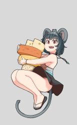 Rule 34 | 1girl, absurdres, animal ears, aqua nails, ass, bracelet, breasts, cheese, cheese wheel, flip-flops, food, full body, grey background, grey hair, guppydesu, highres, jewelry, medium breasts, miniskirt, mouse (animal), mouse ears, mouse tail, nail polish, nazrin, necklace, no panties, open mouth, pendant, red eyes, sandals, short hair, simple background, skirt, solo, swiss cheese, tail, teeth, thighs, toenail polish, toenails, touhou, upper teeth only