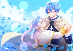 Rule 34 | 1boy, 1girl, absurdres, artist name, belt, blue flower, blue hair, blue shirt, blue sky, capelet, cloak, closed eyes, cloud, commentary, double-parted bangs, earrings, elf, english commentary, flower, frieren, gold, gold trim, green eyes, head wreath, hetero, high collar, highres, himmel (sousou no frieren), holding hands, hood, hooded cloak, horizon, jacket, jewelry, long hair, pointy ears, shirt, short hair, sky, smile, sousou no frieren, sparkle, twintails, weiic, white belt, white capelet, white cloak, white hair, white jacket