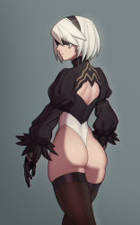Rule 34 | 1girl, absurdres, ass, back cutout, black blindfold, black gloves, black hairband, black thighhighs, blindfold, boots, clothing cutout, covered eyes, feather-trimmed sleeves, fellming, gloves, grey hair, hairband, highres, juliet sleeves, leotard, long sleeves, mole, mole under mouth, nier (series), nier:automata, no bra, nose, puffy sleeves, short hair, solo, thick thighs, thigh boots, thighhighs, thighhighs under boots, thighs, thong leotard, walking away, white leotard, 2b (nier:automata)