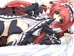 Rule 34 | 1girl, bed, black panties, black thighhighs, cameltoe, clothes in mouth, clothes lift, dress, dress in mouth, dress lift, game cg, headdress, lace, lace-trimmed panties, lace trim, lying, magical premium, maid, mio karen, mitsuki mantarou, mouth hold, on side, panties, skirt, skirt in mouth, skirt lift, solo, thighhighs, underwear, upskirt