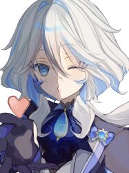 Rule 34 | 1girl, 7go t, absurdres, ascot, black gloves, blowing kiss, blue ascot, blue hair, blue jacket, furina (genshin impact), genshin impact, gloves, hair between eyes, heart, highres, jacket, light blue hair, light blush, long hair, looking at viewer, multicolored hair, sidelocks, simple background, solo, streaked hair, two-tone hair, upper body, white background, wings
