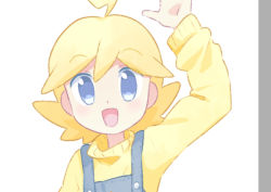 Rule 34 | 1boy, :d, ahoge, akasaka (qv92612), alternate costume, arm up, blonde hair, clemont (pokemon), commentary request, creatures (company), game freak, grey eyes, grey overalls, looking at viewer, male focus, medium hair, nintendo, open mouth, overalls, pokemon, pokemon xy, smile, solo, sweater, tongue, yellow sweater