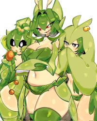 Rule 34 | 3girls, black eyes, black sclera, blush, breasts, cleavage, colored sclera, creatures (company), fang, food, fruit, game freak, gen 5 pokemon, green hair, green shorts, green thighhighs, highres, large breasts, leaf, leavanny, monster girl, multiple girls, nintendo, open mouth, pokemon, pokemon (creature), red eyes, sewaddle, shorts, simple background, smile, swadloon, thick thighs, thighhighs, thighs, usa37107692, white background, white eyes