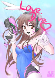 Rule 34 | 1girl, adapted costume, animal ears, artist name, bare shoulders, blue background, breasts, brown eyes, brown hair, character name, charm (object), collarbone, covered navel, cowboy shot, d.va (overwatch), english text, facepaint, facial mark, fake animal ears, finger on trigger, finger writing, gloves, gun, handgun, headphones, heart, highres, holding, holding gun, holding weapon, leotard, light rays, long hair, looking at viewer, matching hair/eyes, medium breasts, nekomitch, open mouth, overwatch, overwatch 1, pistol, playboy bunny, purple background, rabbit ears, rabbit tail, signature, sketch, smile, solo, sparkle, swept bangs, tail, weapon, whisker markings, white gloves