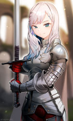 Rule 34 | 1girl, armor, braid, braided bangs, breastplate, earrings, full armor, gauntlets, grey hair, hair ornament, highres, holding, holding weapon, hololive, hololive indonesia, jewelry, knight, long hair, looking at viewer, pavolia reine, shoulder armor, solo, sword, tungsten (kwfr4544), virtual youtuber, weapon
