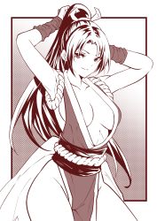 Rule 34 | 1girl, armpits, arms behind head, breasts, cleavage, fatal fury, grin, hand up, highres, japanese clothes, large breasts, looking at viewer, ninja, ponytail, revealing clothes, seductive smile, shiranui mai, smile, snk, solo, standing, the king of fighters, thighs