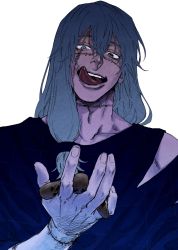 Rule 34 | 1boy, black eyes, black shirt, blue eyes, blue hair, hair between eyes, hand up, heterochromia, highres, jujutsu kaisen, kmskc f, long hair, mahito (jujutsu kaisen), male focus, monster, open mouth, patchwork skin, shirt, simple background, solo, tongue, tongue out, upper body, white background