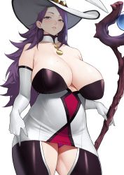 Rule 34 | 1girl, absurdres, bare shoulders, breasts, cleavage, detached collar, dress, elbow gloves, gloves, hat, highres, large breasts, long hair, looking at viewer, mature female, original, parted lips, purple eyes, purple hair, simple background, smile, solo, staff, thighhighs, thighs, white background, white gloves, white hat, witch hat, yoshio (55level)