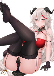 Rule 34 | 1girl, absurdres, aegir (azur lane), aegir (golden dragon among auspicious clouds) (azur lane), ass, azur lane, black panties, breasts, deogho (liujinzy9854), feet, hair between eyes, hand on own thigh, highres, horns, korean commentary, large breasts, official alternate costume, panties, partially visible vulva, smile, solo, thighhighs, thighs, underwear, white background