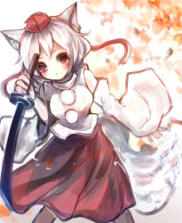 Rule 34 | 1girl, animal ears, bare shoulders, blush, breasts, detached sleeves, gradient background, hat, highres, inubashiri momiji, looking at viewer, negimapurinn, open mouth, pantyhose, pom pom (clothes), red eyes, short hair, silver hair, solo, sword, tokin hat, touhou, weapon, wolf ears