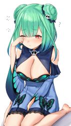 Rule 34 | 1girl, ?, absurdres, alternate breast size, animal print, barefoot, blue dress, blue hair, blue sleeves, blush, breasts, butterfly print, cleavage, closed mouth, detached sleeves, double bun, dress, gradient hair, green hair, hair bun, hair ornament, highres, hololive, kuro (zhurunbo1997), large breasts, multicolored hair, one eye closed, red eyes, rubbing eyes, simple background, sitting, skull hair ornament, solo, uruha rushia, uruha rushia (1st costume), virtual youtuber, white background