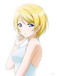 Rule 34 | 1girl, alternate hair length, alternate hairstyle, ayase eli, bare shoulders, bead bracelet, beads, blonde hair, blue eyes, bracelet, breasts, commentary request, dress, ear piercing, from side, hand in own hair, hand up, highres, jewelry, large breasts, light blush, looking at viewer, love live!, love live! school idol project, parted lips, piercing, shiratama (siratama ll), short hair, simple background, sleeveless, sleeveless dress, solo, swept bangs, upper body, white background, white dress