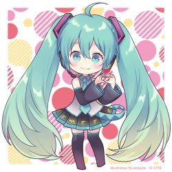 Rule 34 | 1girl, artist name, black skirt, blue eyes, blue hair, blue necktie, blush, blush stickers, border, chibi, detached sleeves, diagonal stripes, full body, grey shirt, happy, hatsune miku, headset, heart, heart hands, long hair, looking at viewer, necktie, own hands together, polka dot, polka dot background, shirt, simple background, skirt, sleeveless, sleeveless shirt, smile, solo, standing, striped, striped background, thighhighs, thighs, twintails, very long hair, vocaloid, watermark, white background, white border, wogura